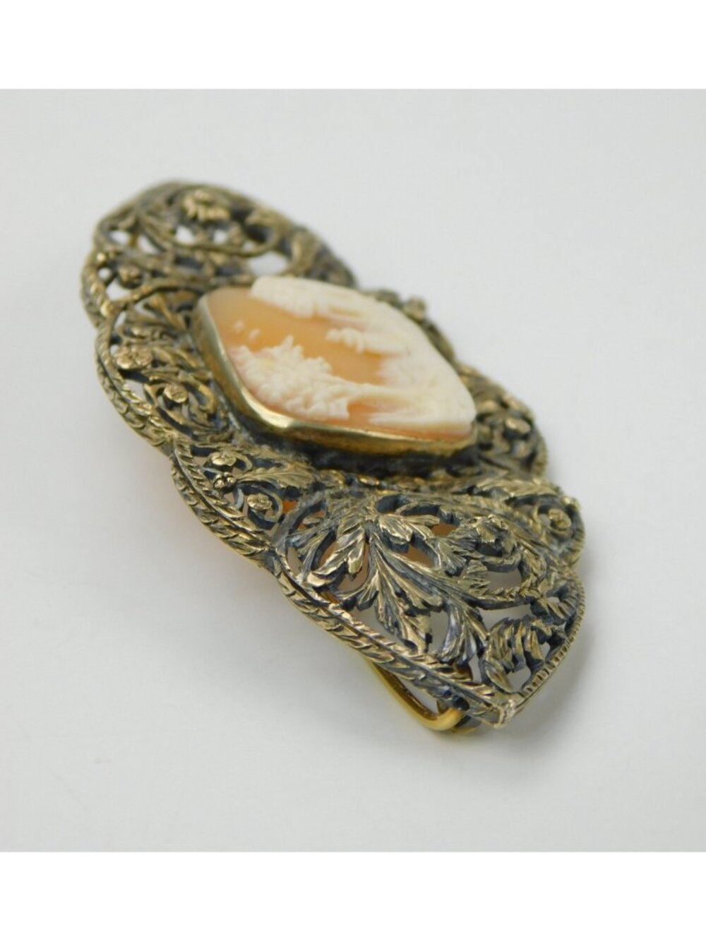 Antique 14k Gold 3.25" Filigree Floral Carved Shell Landscape Cameo Brooch Pin - Picture 9 of 16